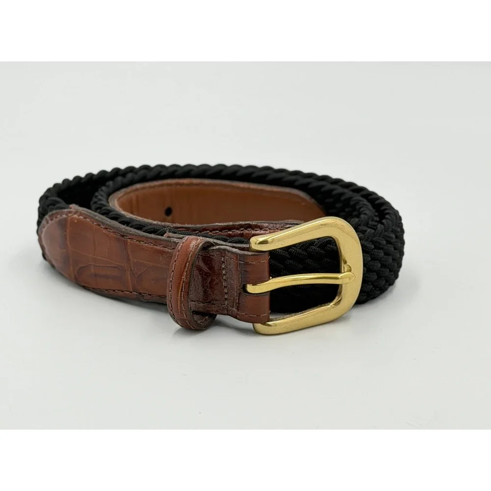 Brighton Braided Belt Size 30 Black Brown‎ Leather Gold Buckle Woven